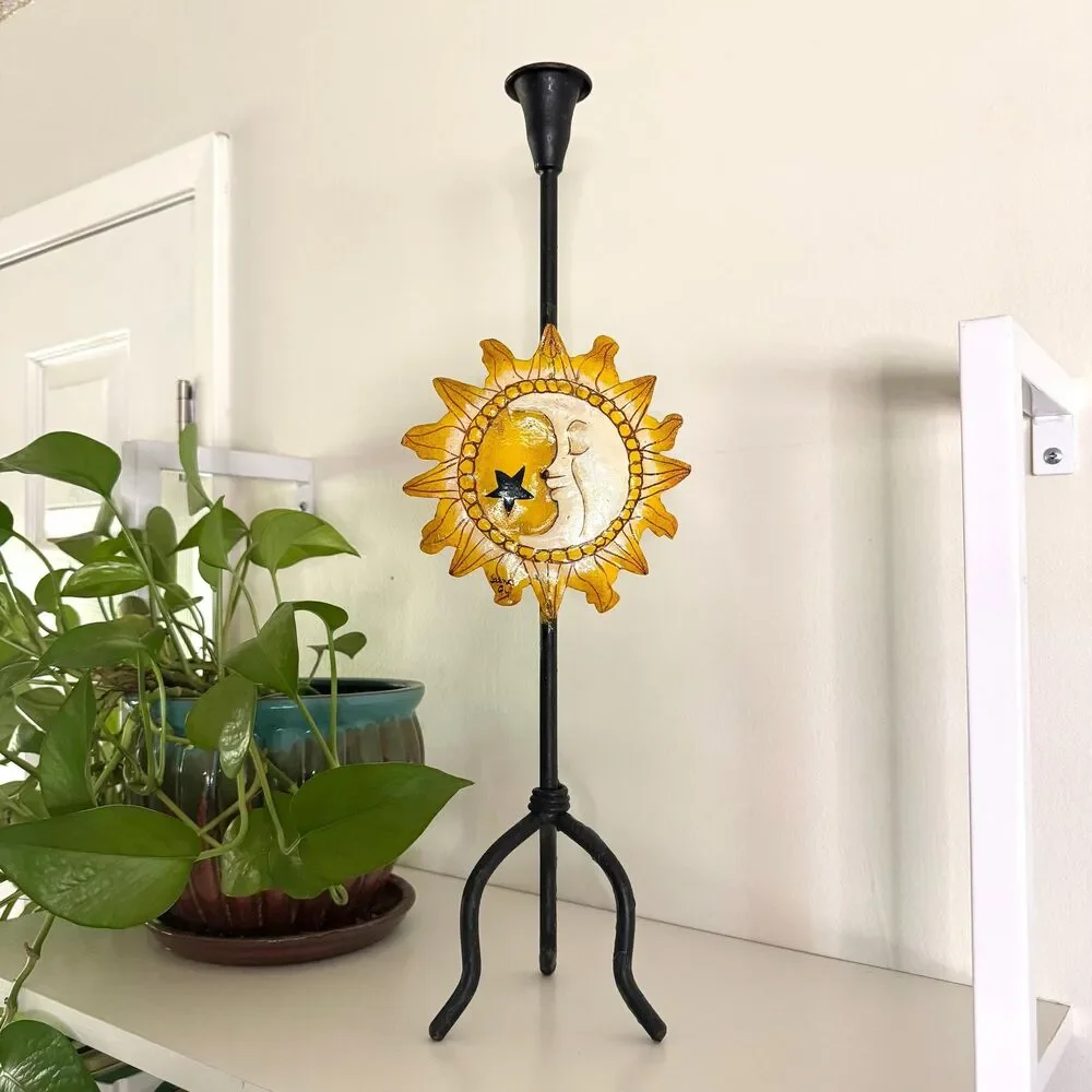 Vintage 90s Sun Moon Metal Candle Holder / Signed Hand Painted Celestial Art
